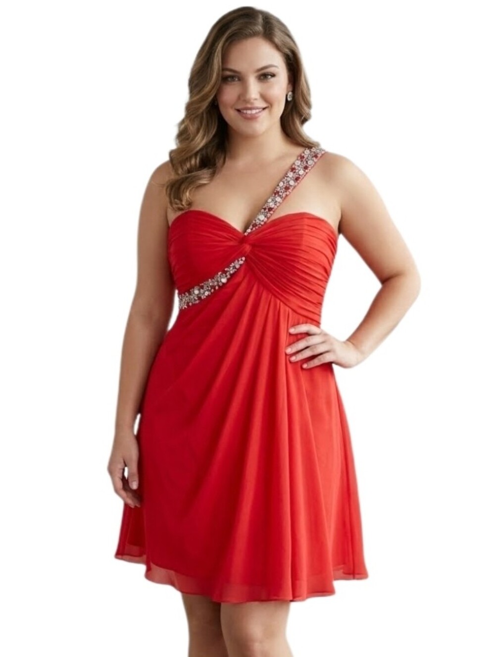 Karishma Mini Dress One Shoulder Ruched Bodice Rhinestones Red Plus Size 24